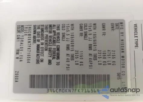 2015 Nissan Nv200 Sv from USA, damaged, VIN 3N6CM0KN7FK716564